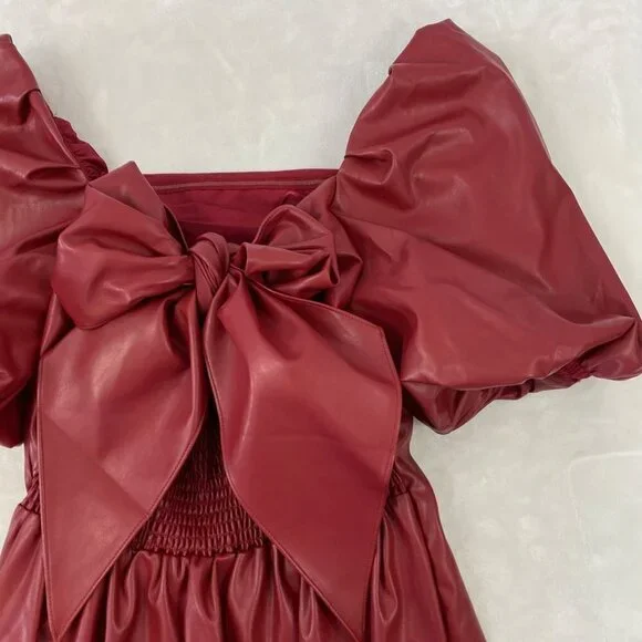 Mare Mare x Anthropologie Red Faux Leather Puff Sleeve Bow Back Dress Medium - Picture 14 of 14